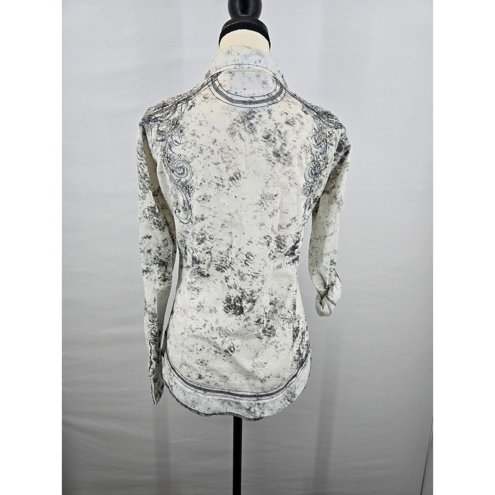 Roar Passion To Womens Western Snap Shirt White Black Rhinestone Acid Wash Med - Picture 5 of 7